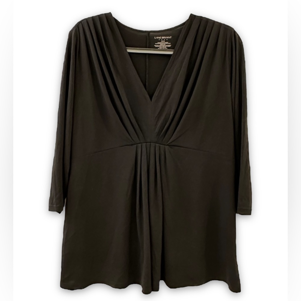 Lane Bryant Pleated V-Neck Babydoll Blouse Top Size 14/16 Black Flouncy Stretchy